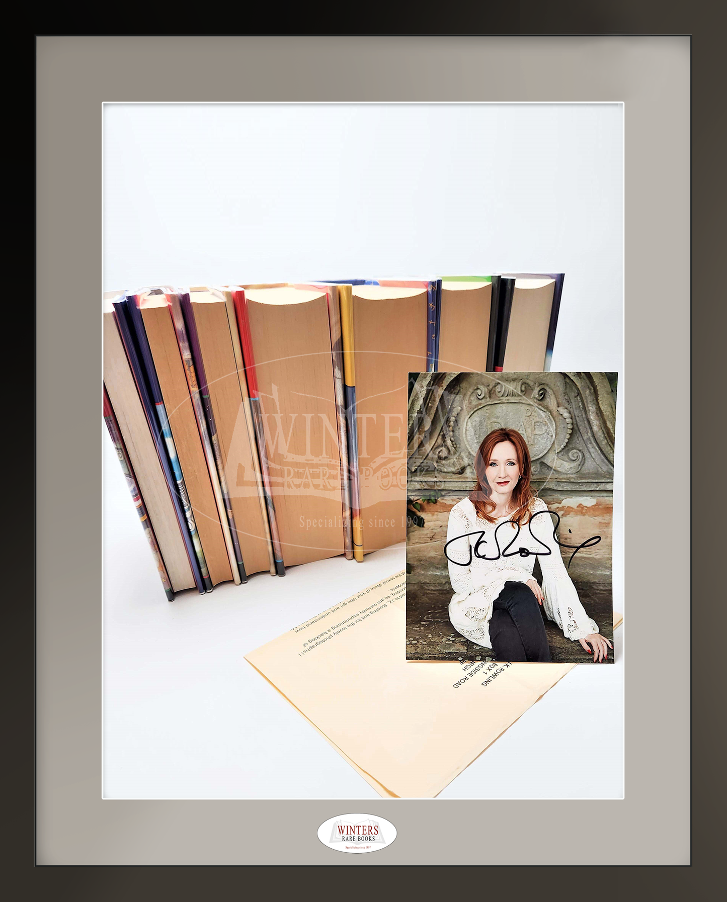 The Harry Potter series – Full set original Hardback first editions, first printings, published by Bloomsbury – Extremely scarse 2020 signed J.K. Rowling photo with PA letter included