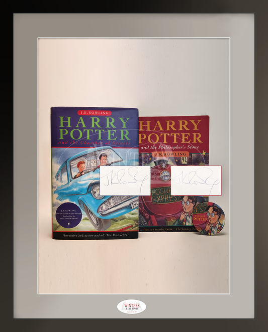 Harry Potter and the Philosopher’s Stone and Harry Potter and the Chamber of Secrets with Rare “Friend of Potter” Button – Signed with documentated provenance