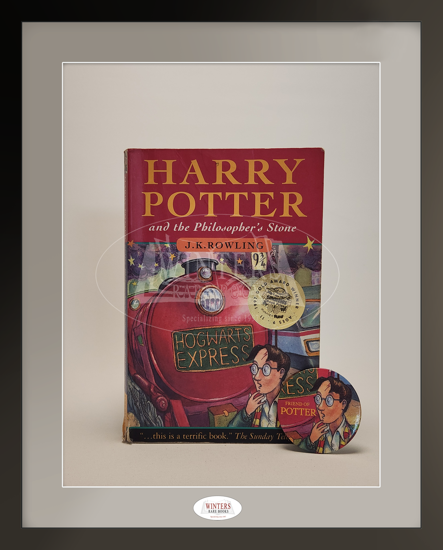 Harry Potter and the Philosopher’s Stone & Harry Potter and the Chamber of Secrets with Rare “Friend of Potter” Button – Signed with documentated provenance