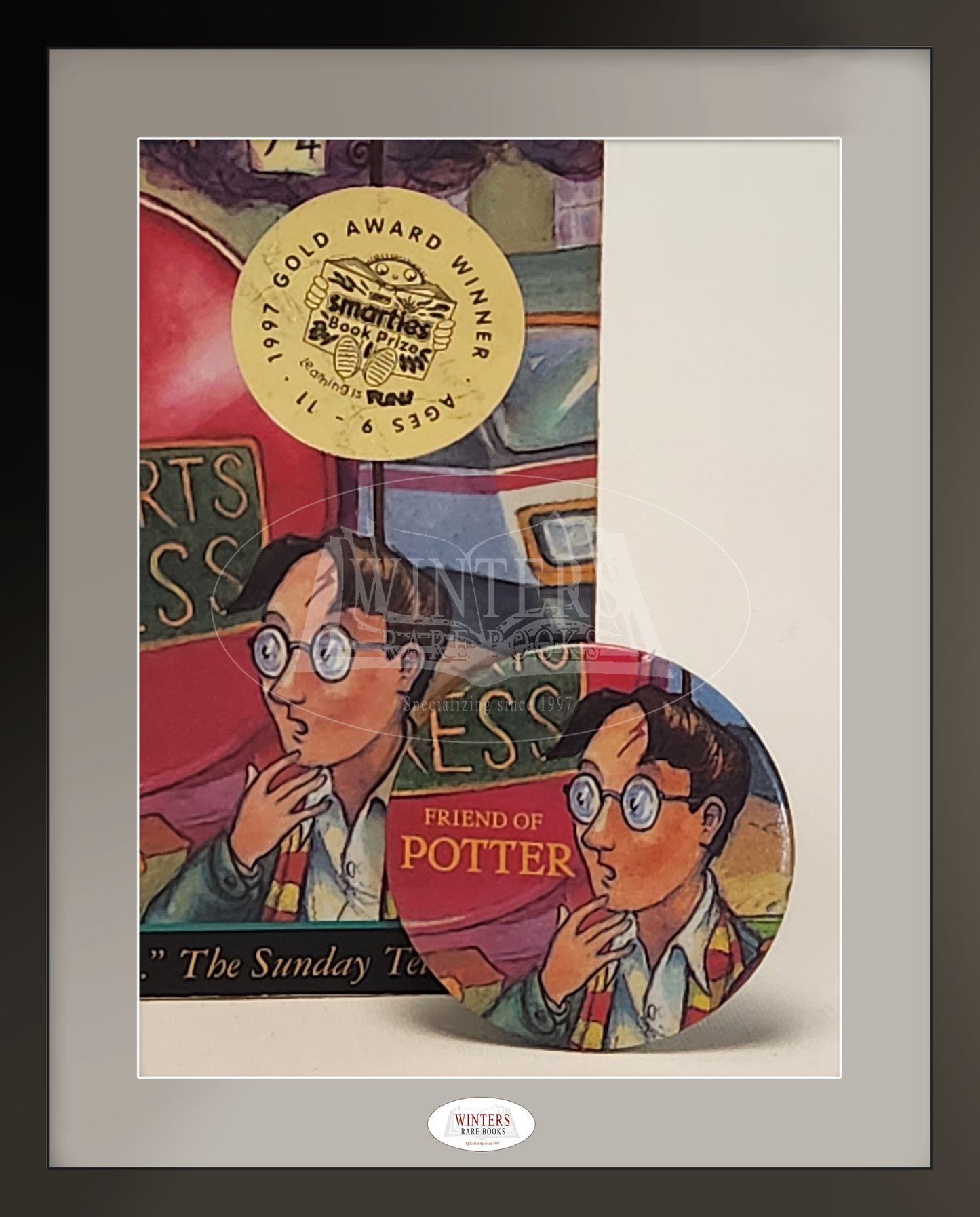 Harry Potter and the Philosopher’s Stone & Harry Potter and the Chamber of Secrets with Rare “Friend of Potter” Button – Signed with documentated provenance